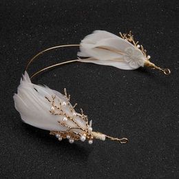 Gold Vintage Baroque Headband Branch Wedding Feather Headpiece Bridal Hair Jewellery Hairbands Pearl Tiara Women Boho Accessories
