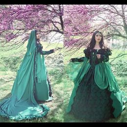 Green Mediaeval Wedding Dresses Costumes Renaissance Gothic Wedding Dresses With Caped Long Sleeve Lace Country Bridal Gowns