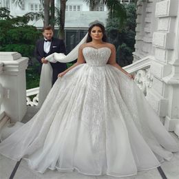 Glitter Crystal Wedding Dresses Sequins Lace Apliques A Line Bridal Gowns Custom Made Strapless Luxury Arab Dubai Robes De Mariée