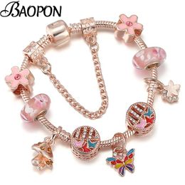 rose gold snake chain bracelet UK - Charm Bracelets BAOPON 2021 Rose Gold Butterfly With Silver Plated Snake Chain For Women Jewelry Gift Dorp