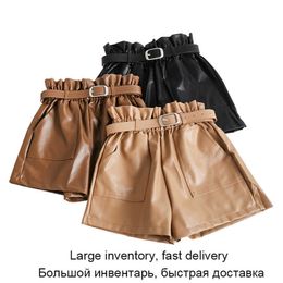 High Waist PU Leather Shorts Women Cool Punk Sashes Wide leg Shorts Spring Autumn Casual Loose Elastic Waist Leather Shorts 210611