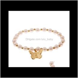 Beaded, Strands Bracelets Fashion Girl Elastic Pearl Beaded Bracelet Golden Colour Butterfly Shape Pendant Decoration European Jewellery Drop D