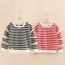 Spring Autumn 3 4 6 7 8 9 10 11 12 Years Children'S Clothes Sleeve Decoration Coat Striped Sweatshirts For Kids Baby Girls 210701
