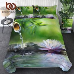 BeddingOutlet 3D Printed Bedding Set Zen Garden Duvet Cover Set Flower Waterlily Lotus Quilt Cover 3pcs Massage Stone Bedclothes 210309