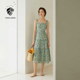 FANSILANEN Office Lady French Floral Vest Long Dress Women Summer Fresh Casual Suspender Skirt dress 210607