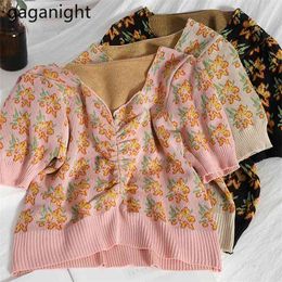 Summer Women Knitted T Shirt Fashion V Neck Puff Short Sleeve Slim Tee Korean Ruched Floral Print Crop Tops 210601
