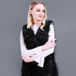 Women Faux-fur Coat Jacket Ostrich Vest V Neck Sleeveless Lady Solid Faux-Fur 211207