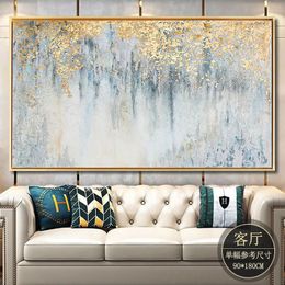 100% Hand Painted Abstract Golden Dots Canvas Painting Blue Gray Poster Modern Wall Picture for Living Room Luxury Huge Wall Art 210310