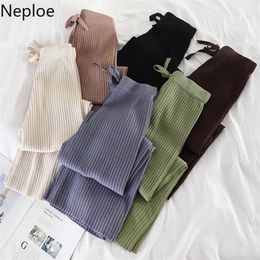 Neploe Winter Autumn Knitted Wide Leg Pant Korean Solid Pit Long Trousers Elastic Lace Up Plus Size Sweatpants 220217