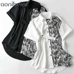 Chic Roll-up Short Sleeve Printed Patchwork Women Blouses Summer Casual Shirt Asymmetric Hem Female High Low Tops 210604