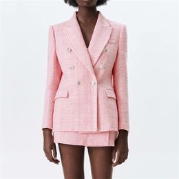 Women's Set Pink Tweed Double Breasted Blazer Coat And High Waist Shorts Fashion Female Spring Sets CD8093 220217