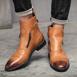 Mens Boots Genuine Leather New Fashion Vintage British Leather Shoes Casual Double Zip Ankle Boots Business Dress Chelsea Boots