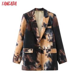 Tangada Kadınlar Vintage Baskı Blazer Ceket Çentikli Yaka Uzun Kollu Moda Kadın Gevşek Şık DA152 210930 Tops