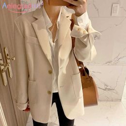 Aelegantmis Women Solid Colour Single Breasted Casual Blazers Jackets Office Lady Work Suit Coat Ladies Basic Pocket Outerwear X0721