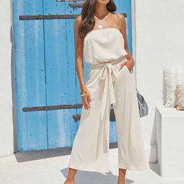 Women Jumpsuit Romper Summer Casual Pocket Sleeveless Off-Shoulder Lace-Up Slim Overalls Solid Elegant Ladies Wide Leg Playsuit 210709