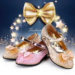 girls shoes princess bow knot single student performance leather spring children heel 210713