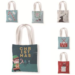 Personalised Foldable Christmas Tote Bag Custom Logo Letters Printed Thick Cotton Canvas Shopping Gift Snacks Kids Reusable Shoulder Bags YL0354