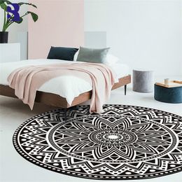 SunnyRain 1-piece Fleece Black Mandala Area Rug for Bedroom Round Rugs Living Room Round Carpets 210301