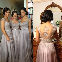 Silver chiffon lace Custom made Bridesmaid Dresses 2021 New Big Discount cap sleeve long formal Party Gown with ribbon