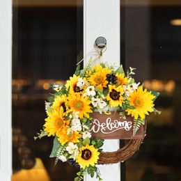 Decorative Flowers & Wreaths Artificial Sunflower Wreath Fake Flower With Yellow And Green Leaves For Home Garden Front Door