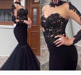 Black Evening Dresses Long Sleeves Lace Applique Mermaid High Neck Tulle Floor Length Custom Made Prom Party Ball Gown Vestidos 401 401