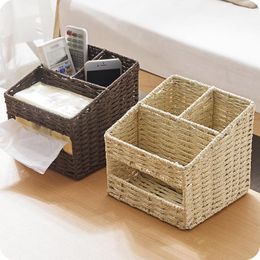 Tissue Boxes & Napkins Paper Rope Weaving Cover Holder Desktop Stationery Basket 3 Grids Home Office Sundries Organizer Container