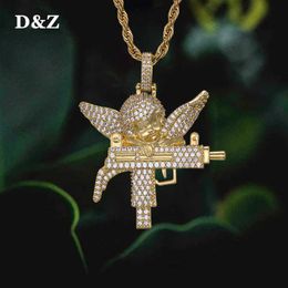 D&Z Guardian Angel Pendant In White Gold Solid Back Mens Micro Paved AAA CZ Hip Hop Gold Silver Color Charm Chains Jewelry Gift X0707