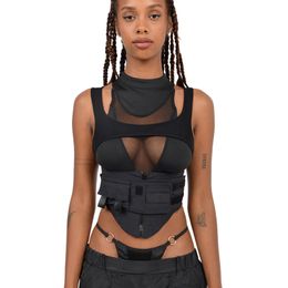 Women Tanks Crop Top Fashion Mesh Panel Moulded Patch Crewneck Vest Party Clubwear