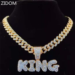Men Hip Hop KING Letters Pendant Necklace with 13mm Miami Cuban Chain Iced Out Bling HipHop Necklaces Male Fashion Jewelry 210721