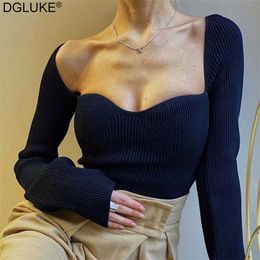 Autumn Women's Sweater Square Collar Long Sleeve Knitted Pullover Jumper Fashion Elegant Knit Top White Black 211018