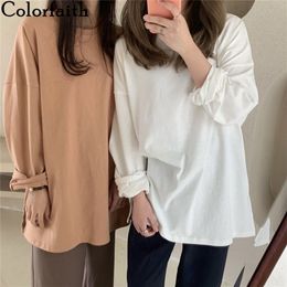 Colorfaith Women Spring Summer T-Shirts Oversize Solid Bottoming Long Sleeve Wild Korean Minimalist Style Tops T601 210623