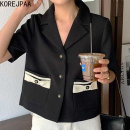 Korejpaa Women Jacket Summer Korean Chic Ladies French Temperament Lapel Double Pockets Three Buttons Short-Sleeved Blazers 210526