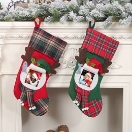 Christmas Stockings with Photo Frame Buffalo Plaid Kids Gift Bags Holiday Party Xmas tree Fireplace Decor PHJK2109