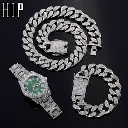 Hip Hop 20MM 3PCS KIT Watch+Necklace+Bracelet Bling Crystal AAA+ Iced Out Cuban Rhinestones Chains For Women Men Jewelry