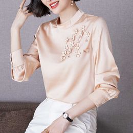 Korean Women Silk Shirt Satin Blouses Long Sleeve s Tops Woman Embroidery Floral Blouse Appliques 210604