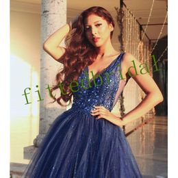 Shinning Sexy Prom Dresses Sequins Beading Deep V Neck Evening Wear Tulle Backless Party Gowns