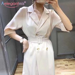Aelegantmis Autumn Vintage Double Breasted Woman Blazer Dress Notched Collar Office Lady es for Women Ladies Casual 210607