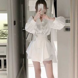 Fashion Women White Long Shirts Two Piece Shorts Sets Lantern Sleeve Blouse + Wide Leg Pants Suits Office Ladies Clothing 210529