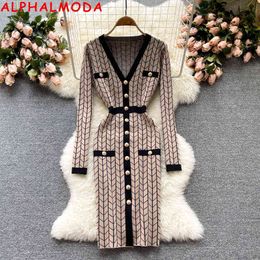 ALPHALMODA New Autumn Dress 2021 V-neck Single Breasted Long-sleeved Slim Fit Women Chic Office Sweater Dress G1214