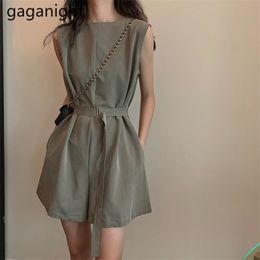 Summer Womens Jumpsuit Solid Color Sleeveless Sashes Pockets Loose Playsuit Romper Wide Leg Short Pants Jumpsuits 210601