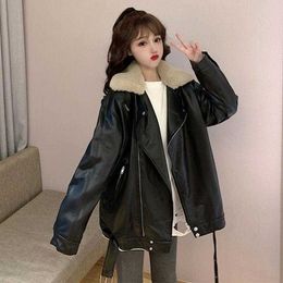 Winter Black Fur Faux Leather Jacket Women Korean Fashion Outerwear Motor Biker Female Streetwear Warm Lady PU Coats 210604