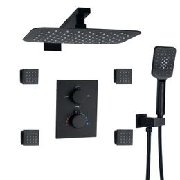Matte Black Thermostatic Shower Faucets Set 30X20 CM Bathroom Spa Rainfall With Three-Function Hand Shower