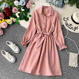 Autumn and Winter Retro Chic High Waist Thin A-line Dress Fashion Women Long Sleeve Solid Color Vestidos J383 210527