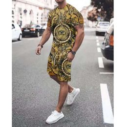 New Men's Two Pieces Set T-shirt And Short Jogging Geometric Cool Print Loose Set Summer Solid Colour Shorts Fashion Tracksuits Y0831
