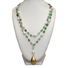 Natural Chrysoprase Freeform White Rice Freshwater Pearl Statement Necklace Heart Brushed Gold Colour Pendant 25"