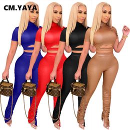 CM.YAYA Fake PU Two 2 Piece Set for Women Fall Winter Fitness Outfits Crop Tops + Stacked Slit Flare Pants Set Street Tracksuit Y0625