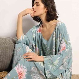 Julys Song 3 Pcs Women Pajamas Set Viscose Floral Printed Female Pyjama Loose Sleepwear Nightwear Spring Summer Lounge Wear 210831