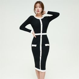 Women Elegant Autumn Classy Office Casual Midi Knitted Sweater Slim Bodycon Winter Dress 210226