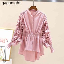 Plus Size Office Lady Formal Shirt Fashion Spring Irregular Women's Blouses Ruched Long Sleeve Loose Shirts Tops 210601
