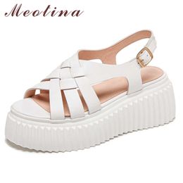 Meotina Shoes Women Natural Genuine Leather Sandals Flat Platform Buckle Sandals Round Toe Cow Leather Ladies Footwear Summer 40 210608